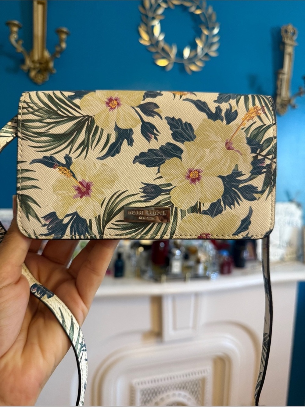Henri Bendel Cream Floral Crossbody Wallet with Green Leaves